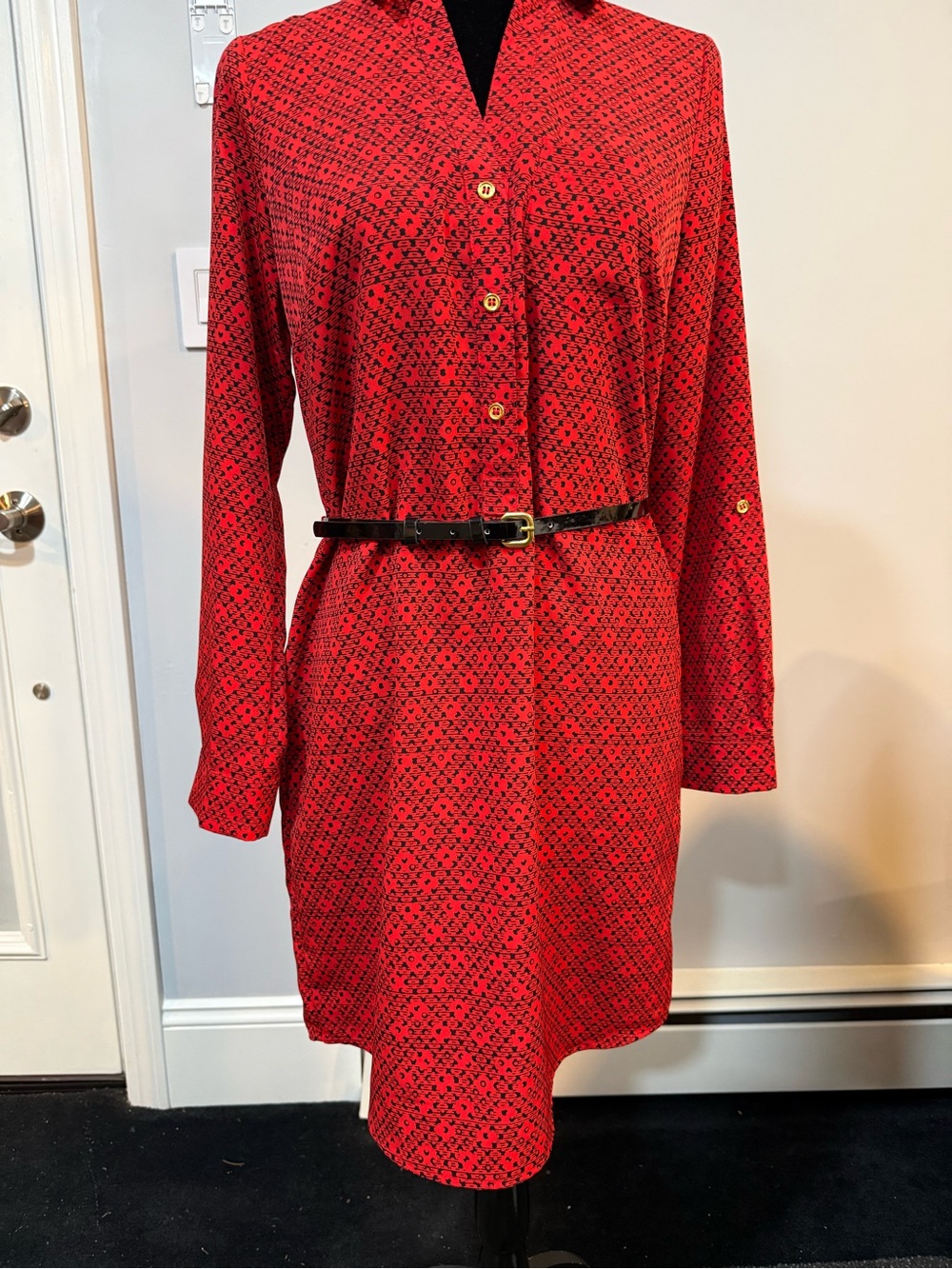 The Limited Ashton Small Red Geometric Print Long-Sleeve Shirt Dress
